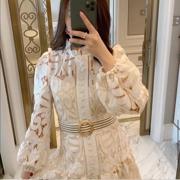 Apricot Lace Lantern Puff Sleeve Dress - Picture 4 of 10